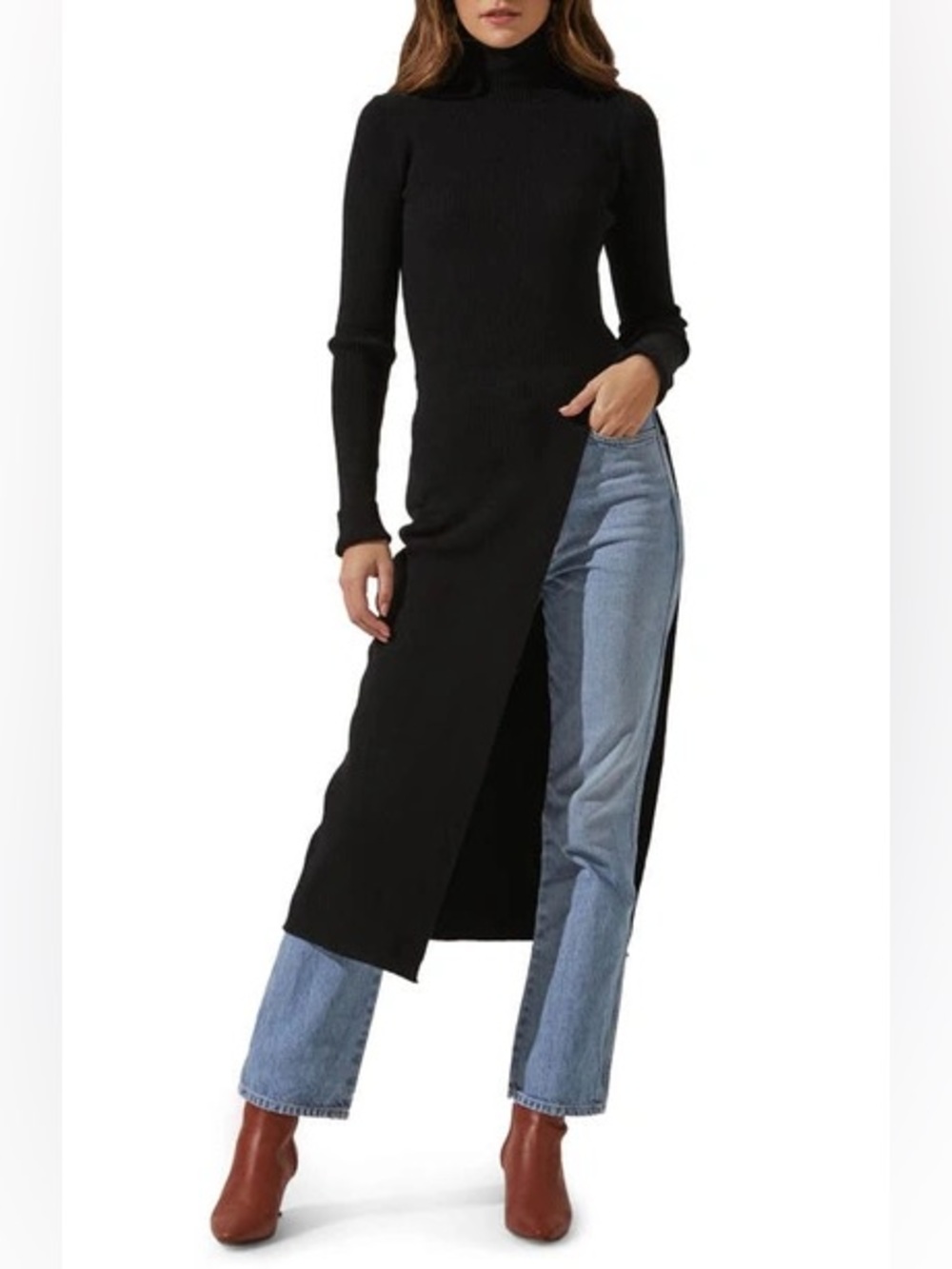 ASTR the Label Ribbed Turtleneck Maxi Sweater Dress High Slit Black XL Elegant